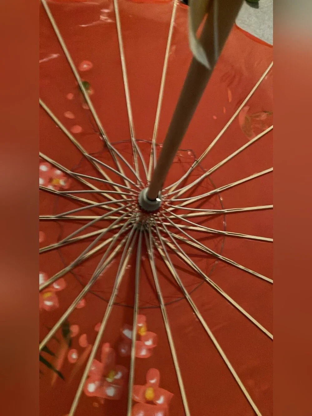 Red Floral Paper Parasol with Hand-Painted Blossoms Japanese - Picture 3 of 4